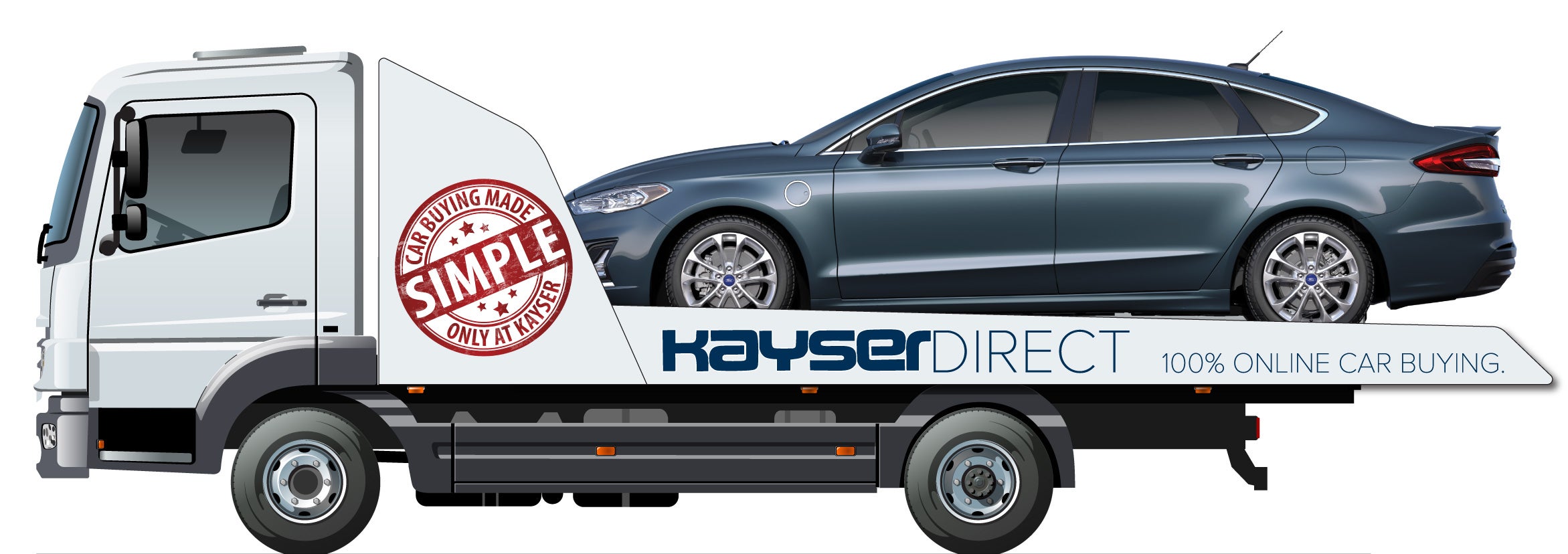 Flatbed truck carrying a sedan with Kayser Direct 100% online branding